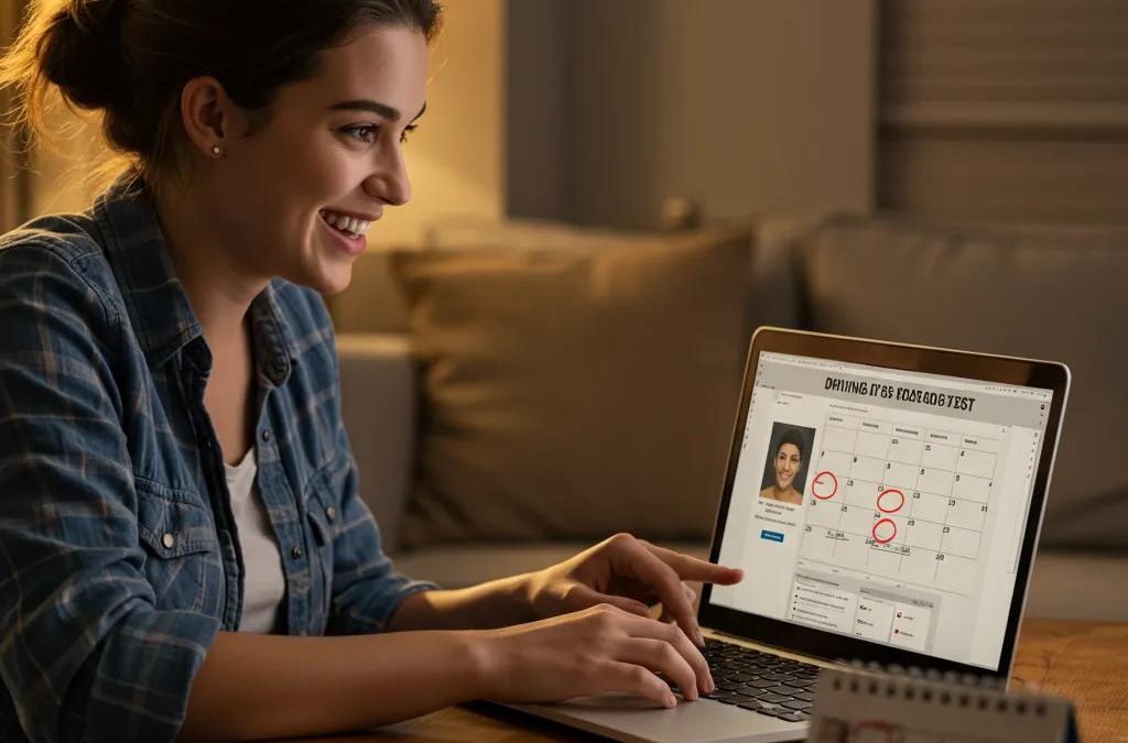 A young driver confidently scheduling their New York road test appointment online.