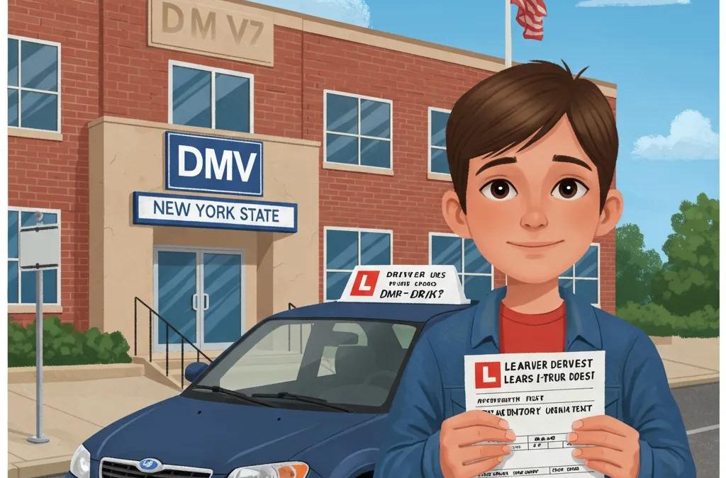 Young driver preparing for a driving road test appointment in front of a DMV office