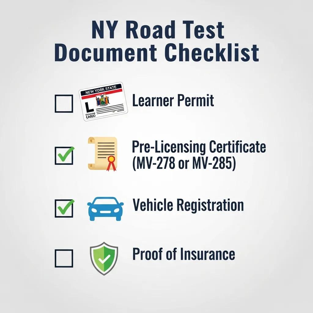 Checklist showing learner permit and pre-licensing certificate required for the NY road test