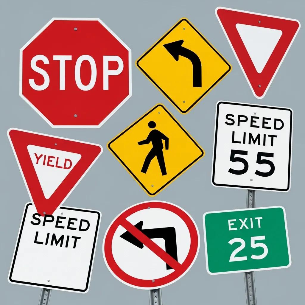 Assortment of road signs showing regulatory, warning, and guide signs &mdash; highlighting shapes and colors used to teach drivers
