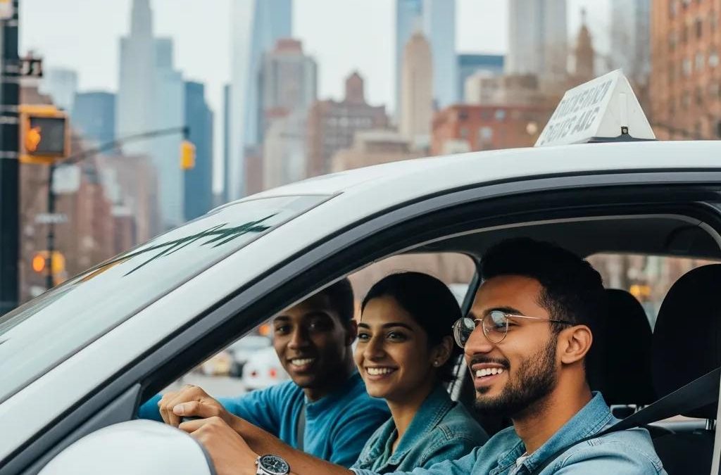 Diverse group of young adults practicing driving in New York City, symbolizing preparation for the driving test