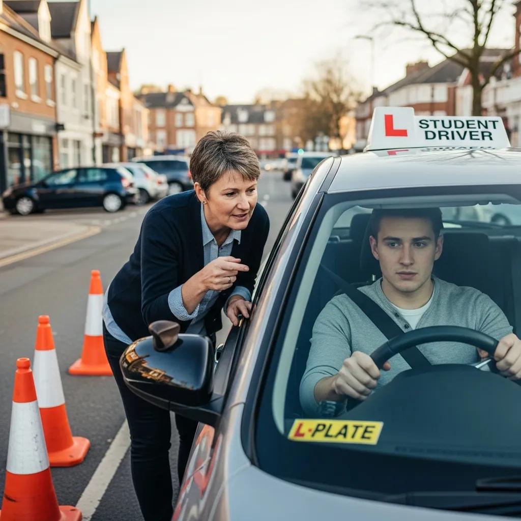 Driving instructor helping a student practice parallel parking on a city street to prepare for the road test
