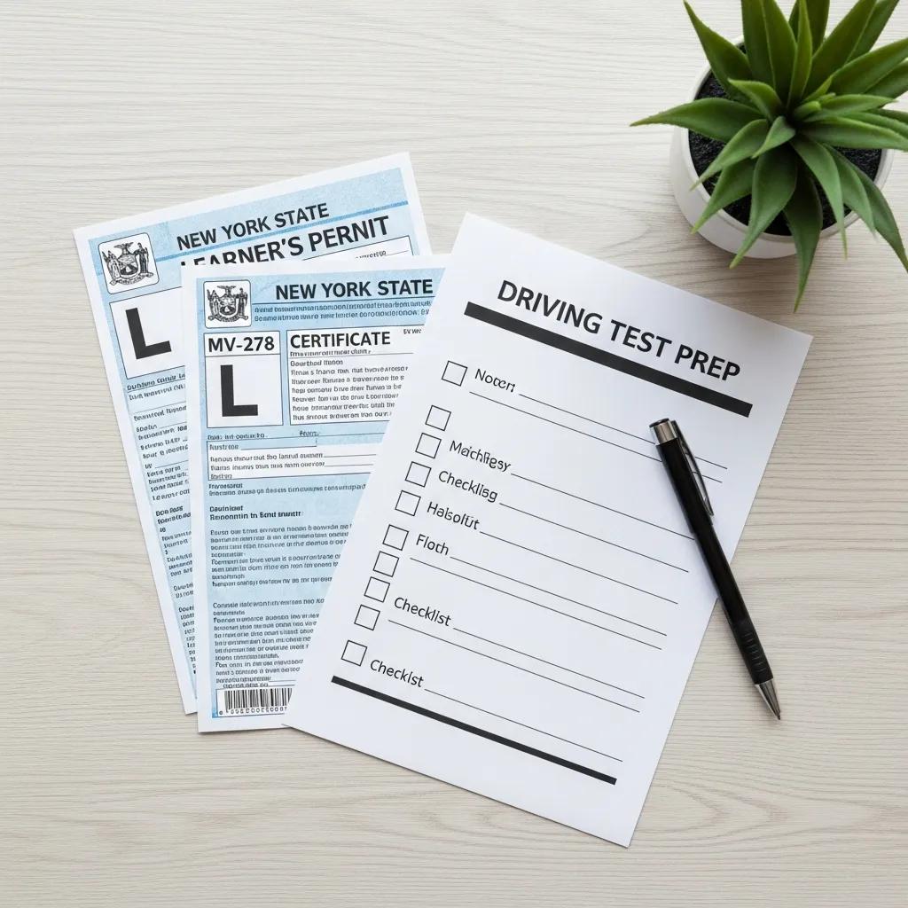 Stack of documents required for a New York driving test arranged on a wooden table