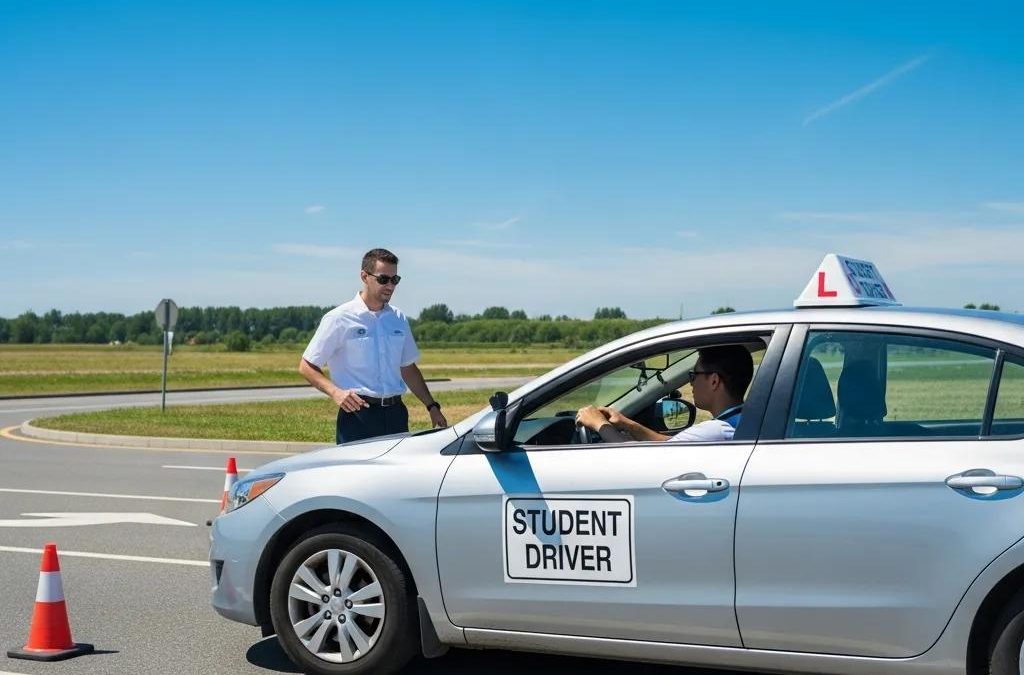 Learner driver practicing driving maneuvers with an instructor in a safe environment, featuring a car marked "STUDENT DRIVER" and traffic cones, relevant to NY road test preparation.