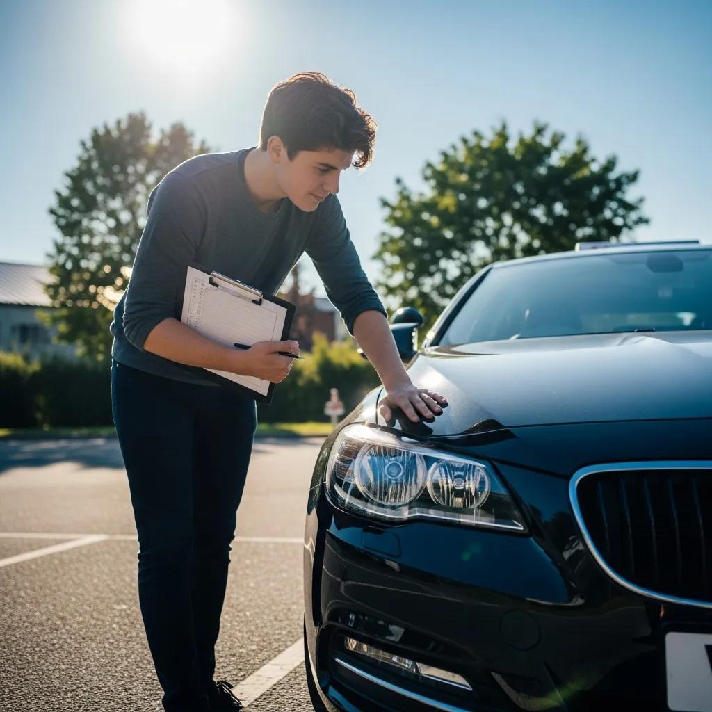Person checking vehicle lights and signals before a road test