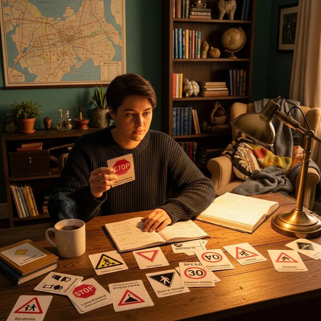 Student using flashcards of road signs in a quiet study spot to practice for the permit test