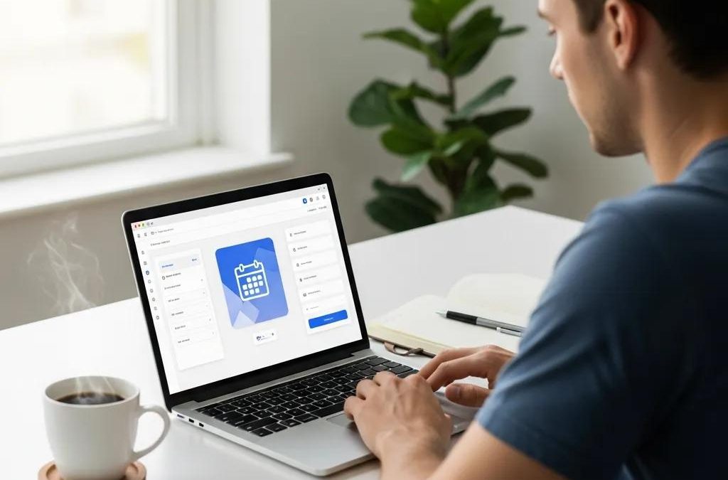 Young adult scheduling an online road test appointment on a laptop in a bright workspace