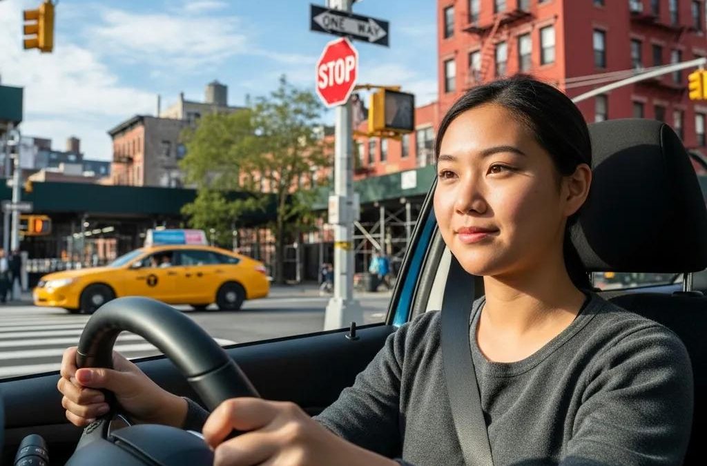 Young driver practicing driving skills in New York, looking prepared and confident for the road test