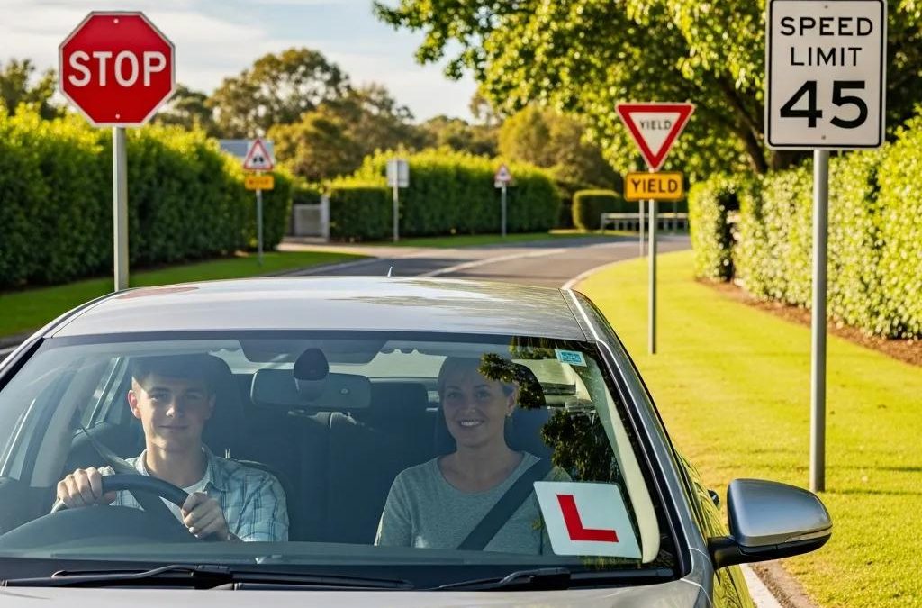 Learner driver practicing with road signs in New York