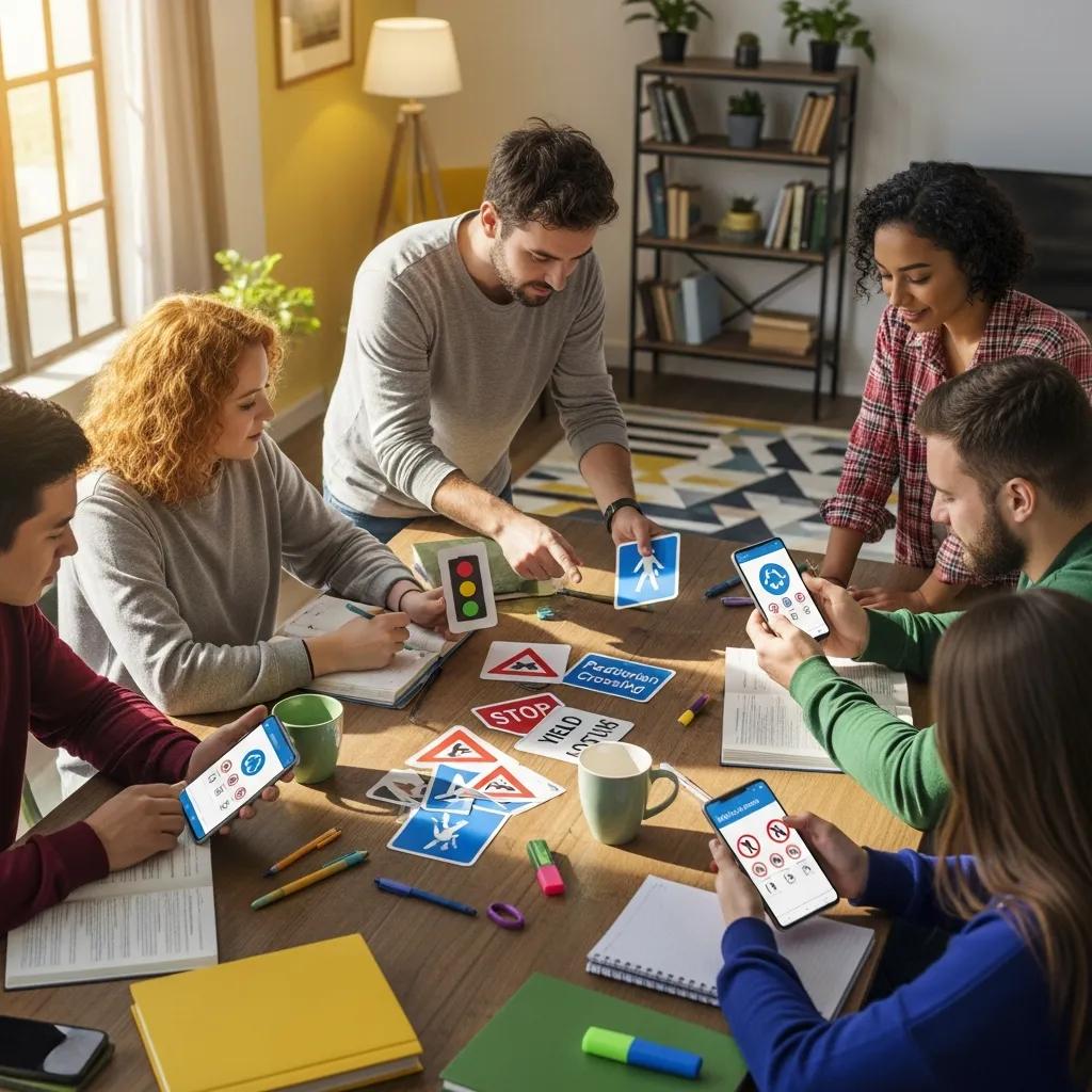 Learners practicing road signs with flashcards and apps