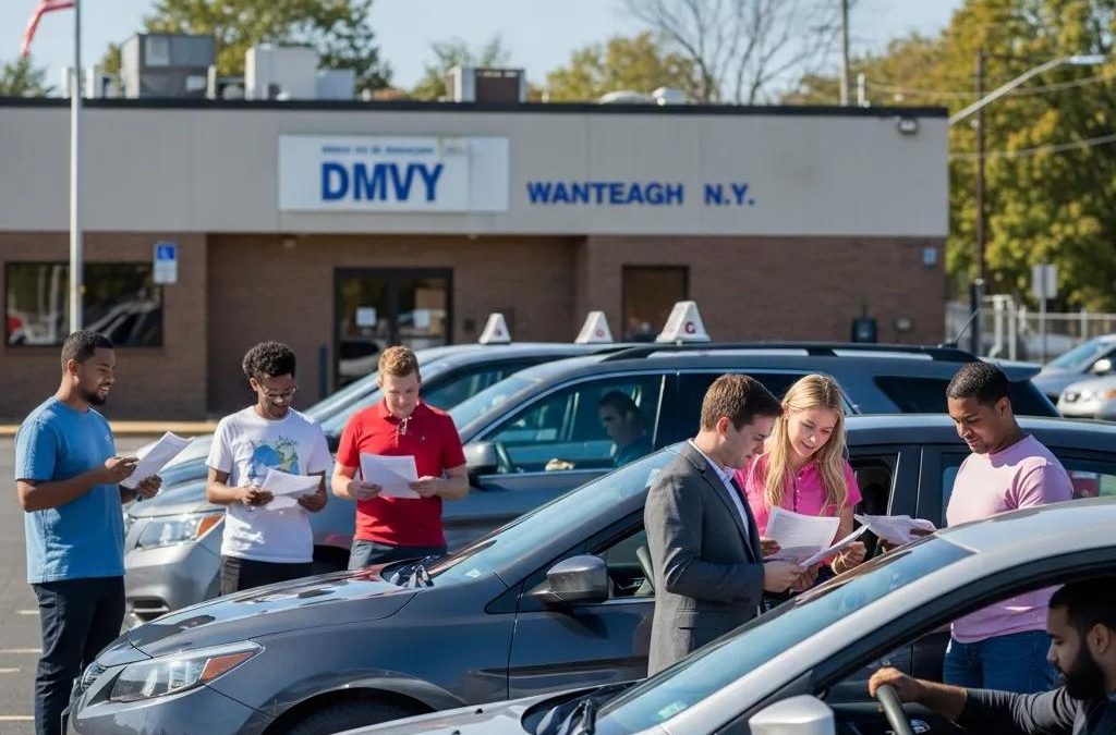 Aspiring drivers preparing for a vehicle road test in Wantagh, NY, with diverse vehicles and a DMV backdrop