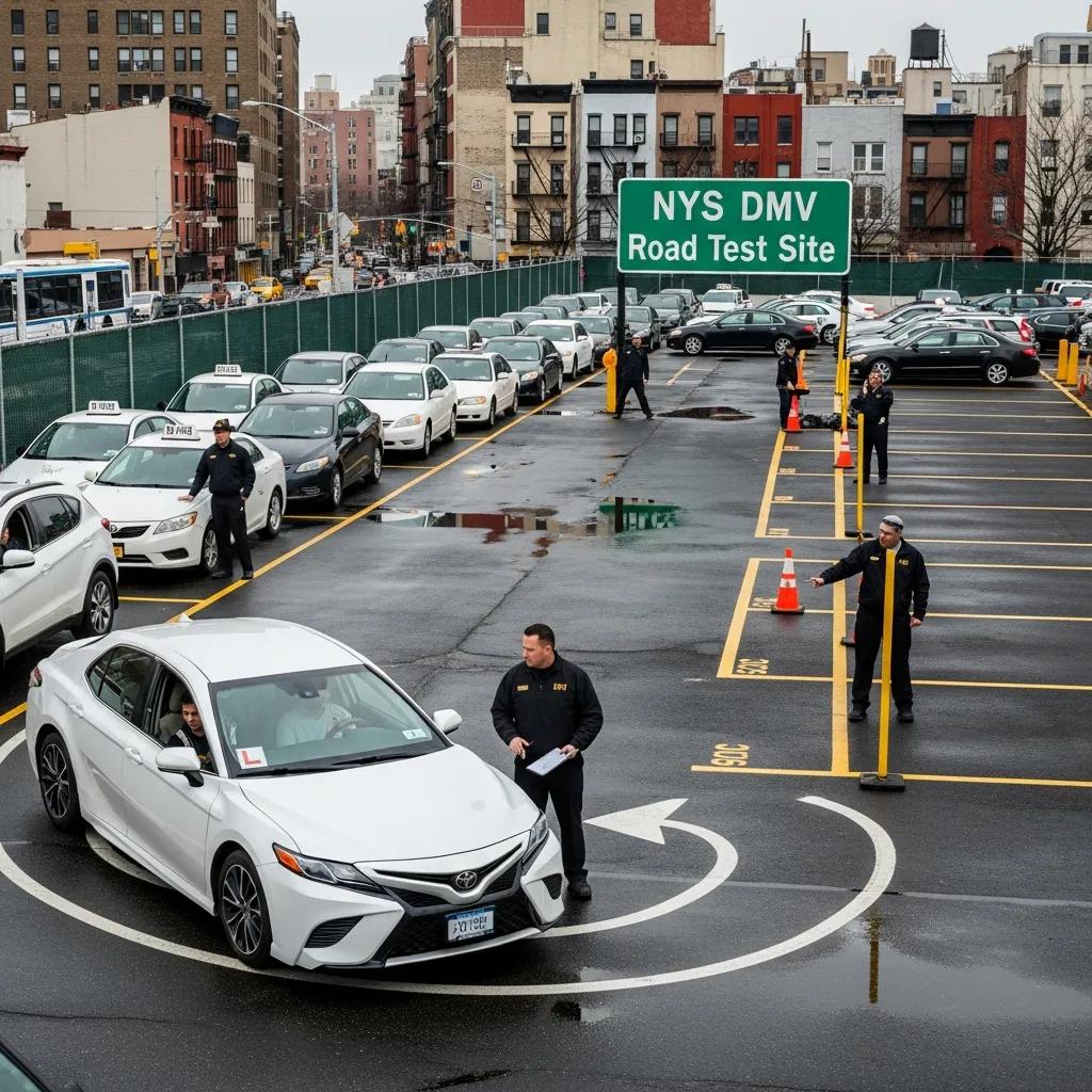 Busy DMV road test site in NYC &mdash; a typical testing area