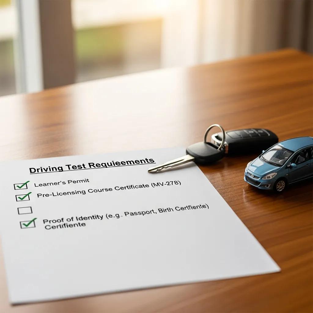 Checklist of Buffalo NY driving test requirements with learner's permit and car key
