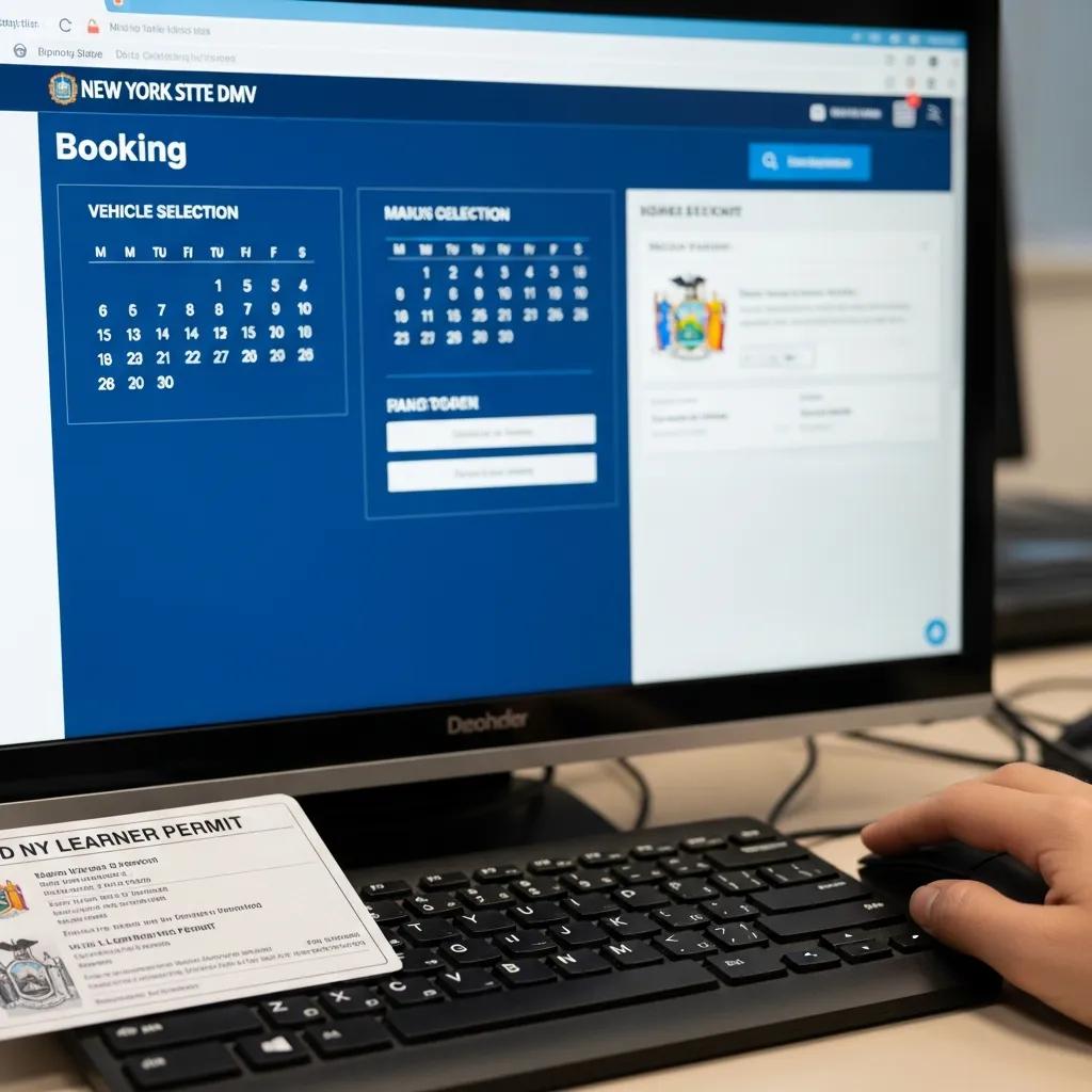 Close-up of a computer screen showing the New York State DMV booking website for vehicle road tests