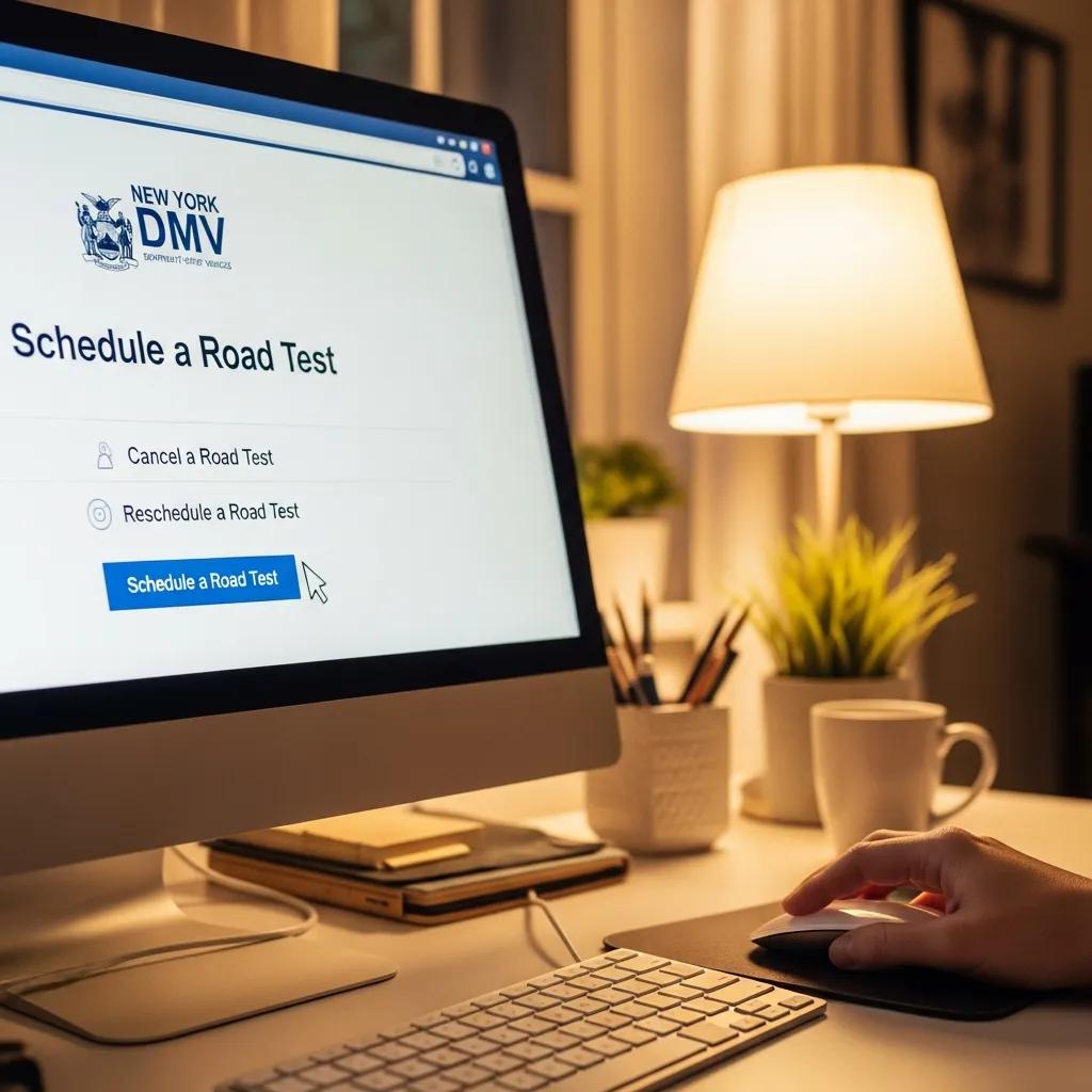Close-up of computer screen showing DMV road test booking process