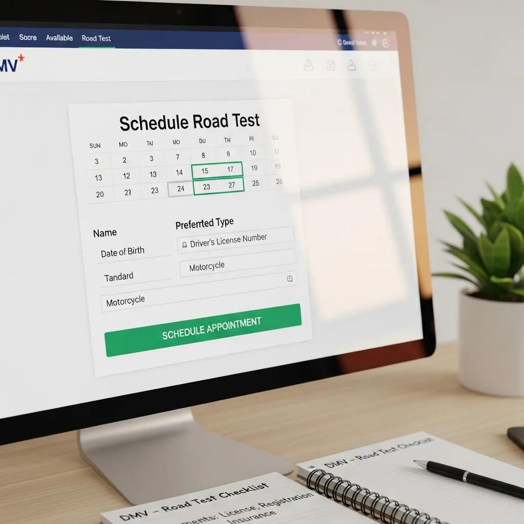 Computer screen displaying DMV website for scheduling road test appointment