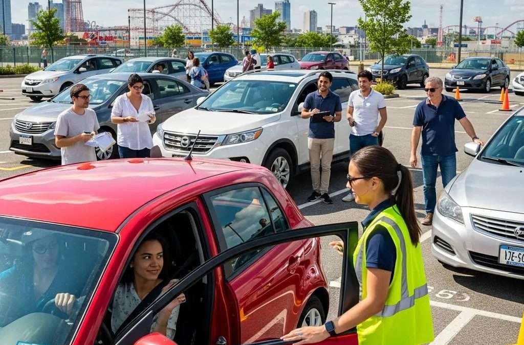 Coney Island Road Test Site with people preparing for vehicle road tests