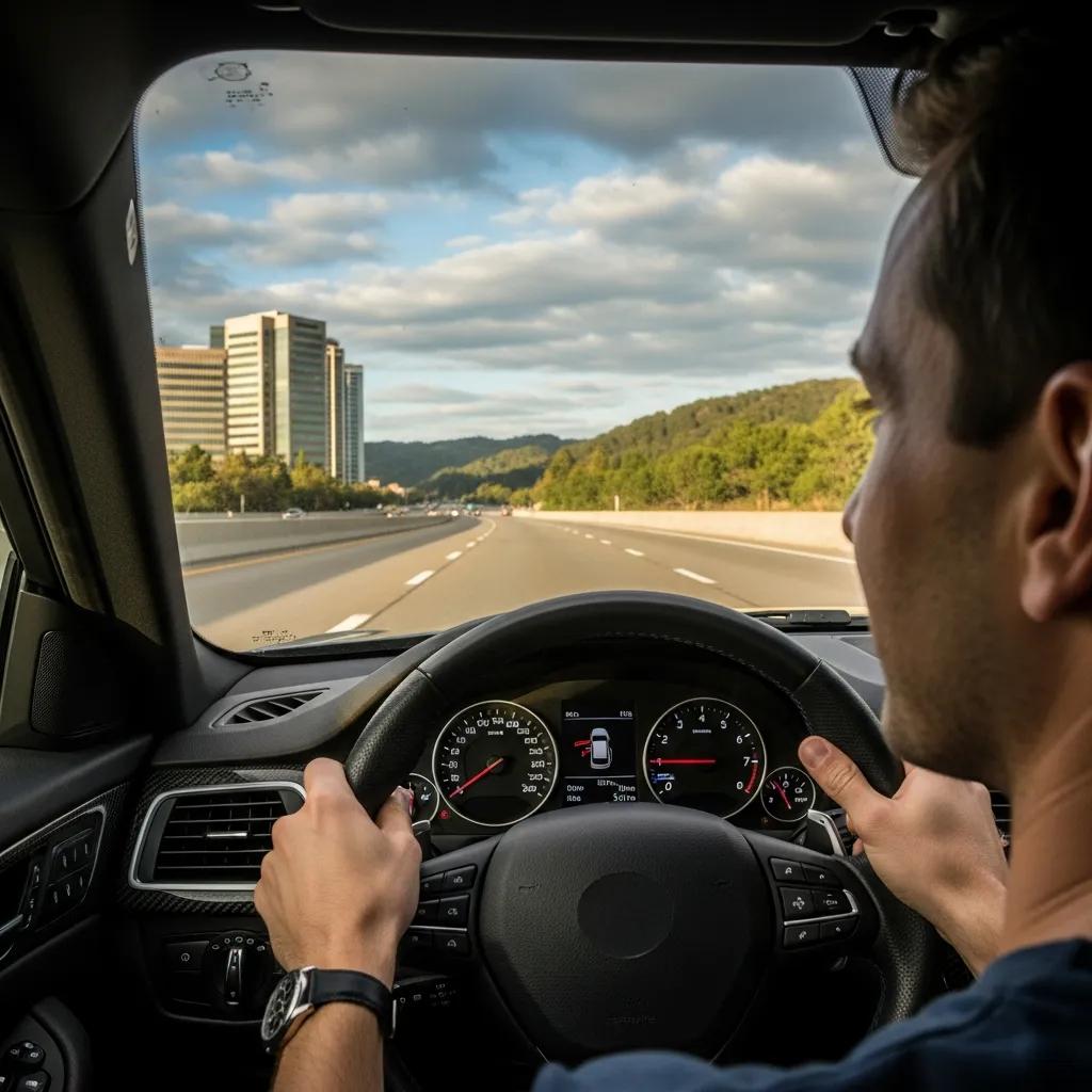 Driver evaluating vehicle performance during a test drive on a scenic road