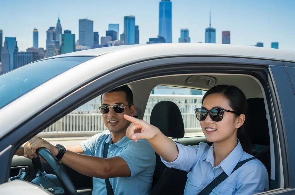 Driving instructor and student preparing for a road test in New York, emphasizing confidence and guidance