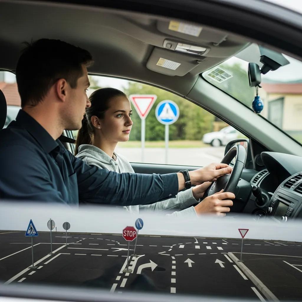 Driving instructor guiding a student during practice for a road test