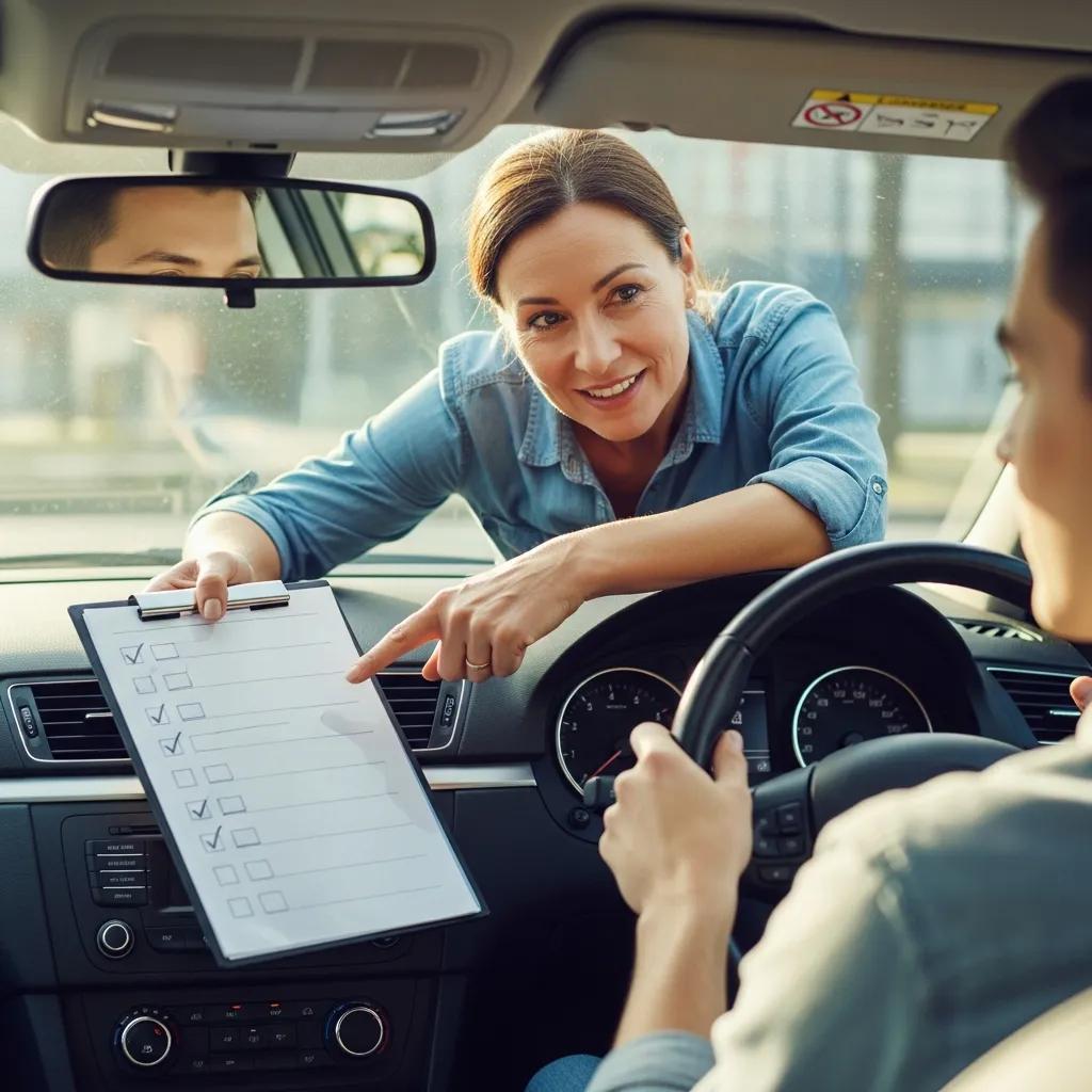 Driving instructor providing tips to learner driver in car before road test
