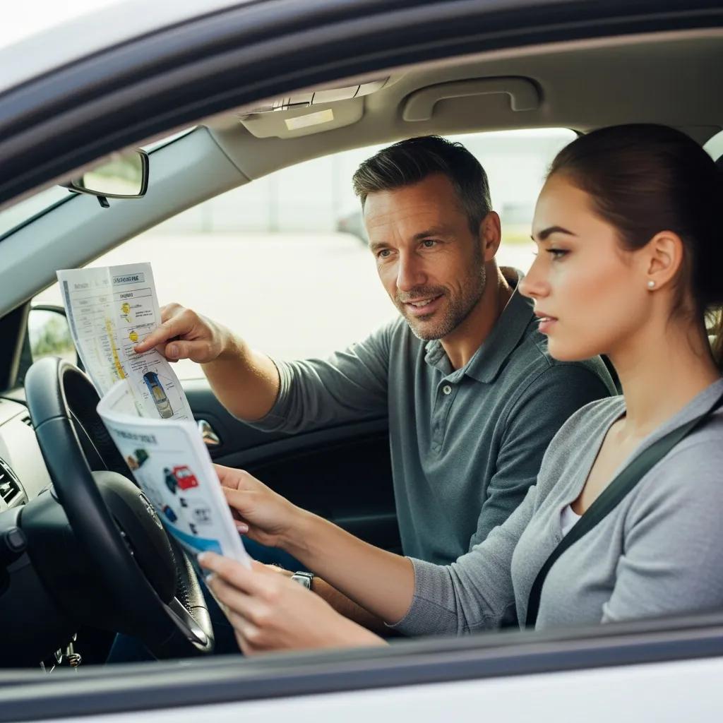 Driving instructor providing tips to student driver for Buffalo NY road test preparation