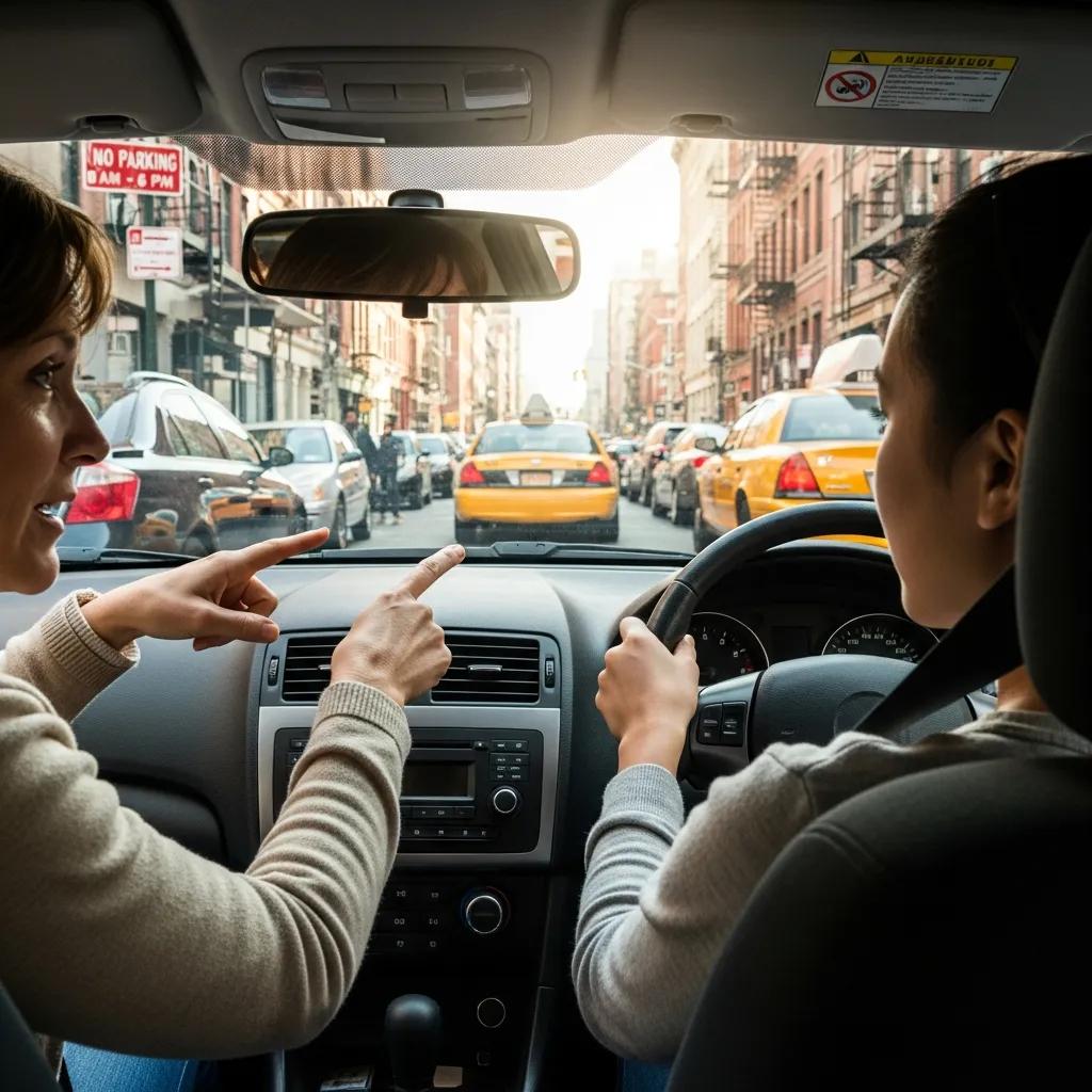 Driving instructor teaching parallel parking techniques to student in NYC
