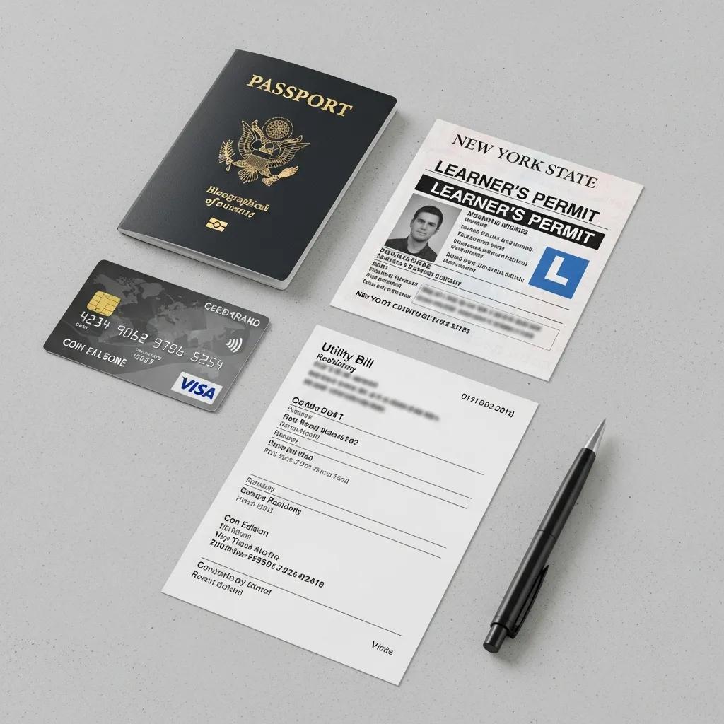 Essential documents for booking NYC road test including learner's permit and passport