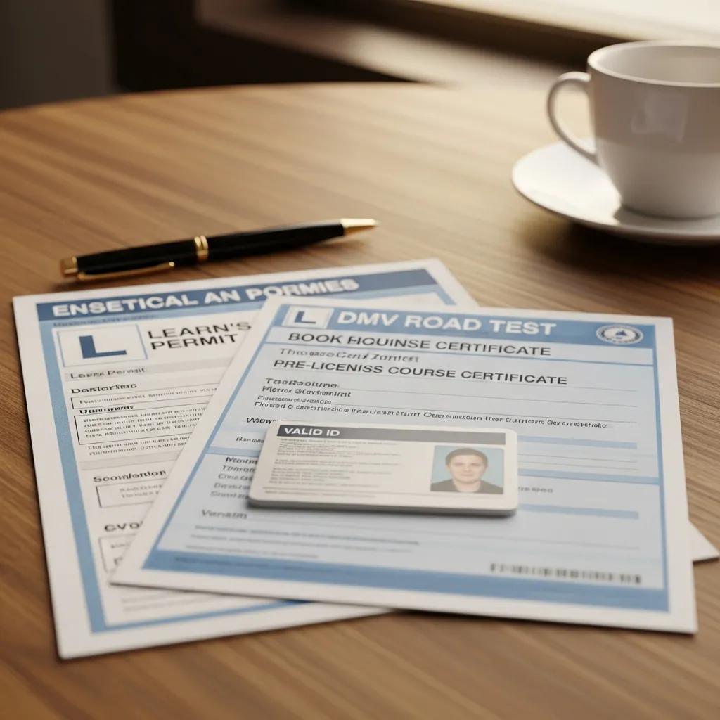 Essential documents for DMV road test booking including learner's permit and ID