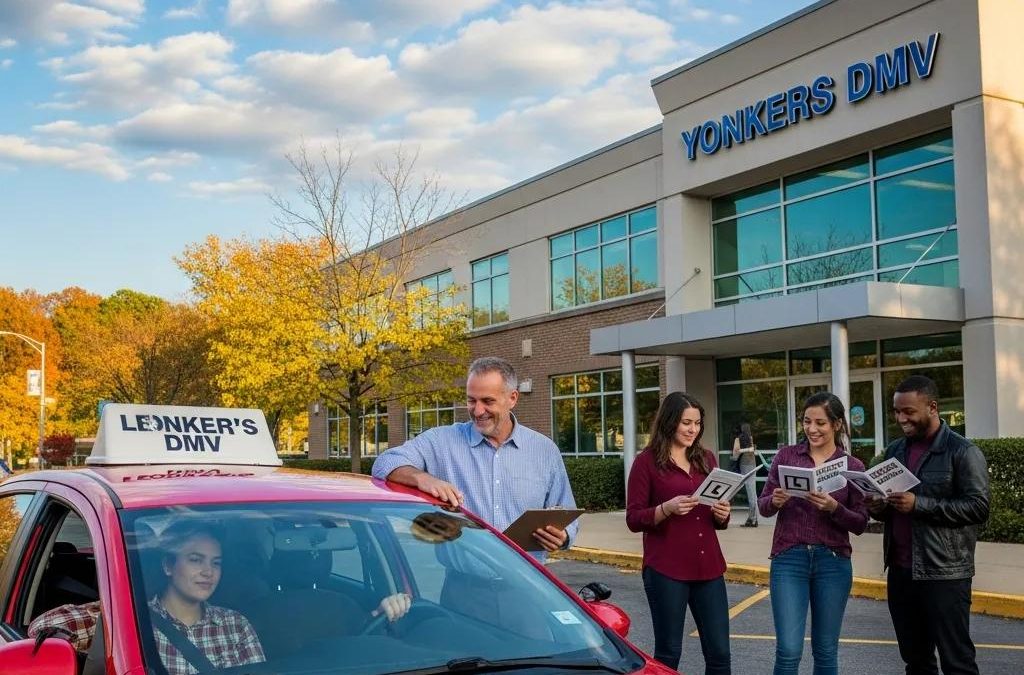 Group of diverse individuals preparing for a driving test in Yonkers, showcasing a positive and engaging atmosphere