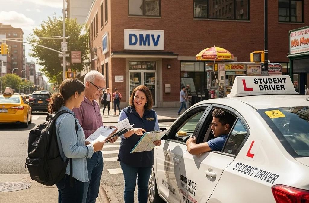 Group of diverse individuals preparing for NYC driver road test outside DMV office