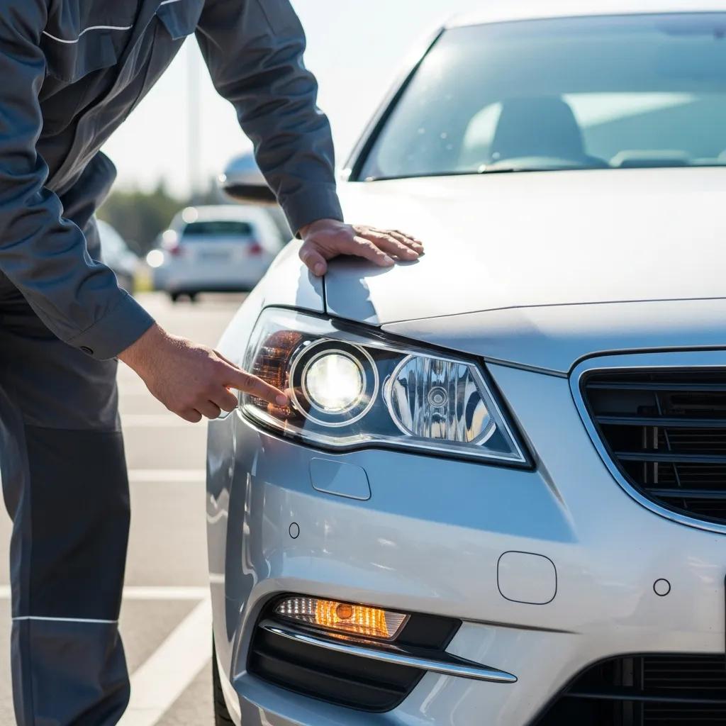 Individual checking vehicle lights and signals during a road test
