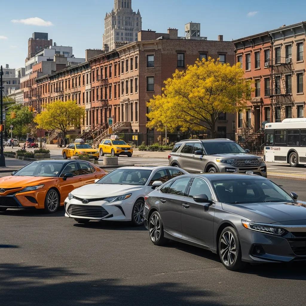 Lineup of the best cars for NY drivers, including Toyota Camry, Ford Explorer, and Honda Accord, in a scenic outdoor setting