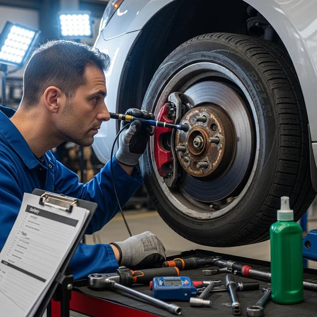 Mechanic inspecting a car's tires and brakes, emphasizing vehicle maintenance for road test success