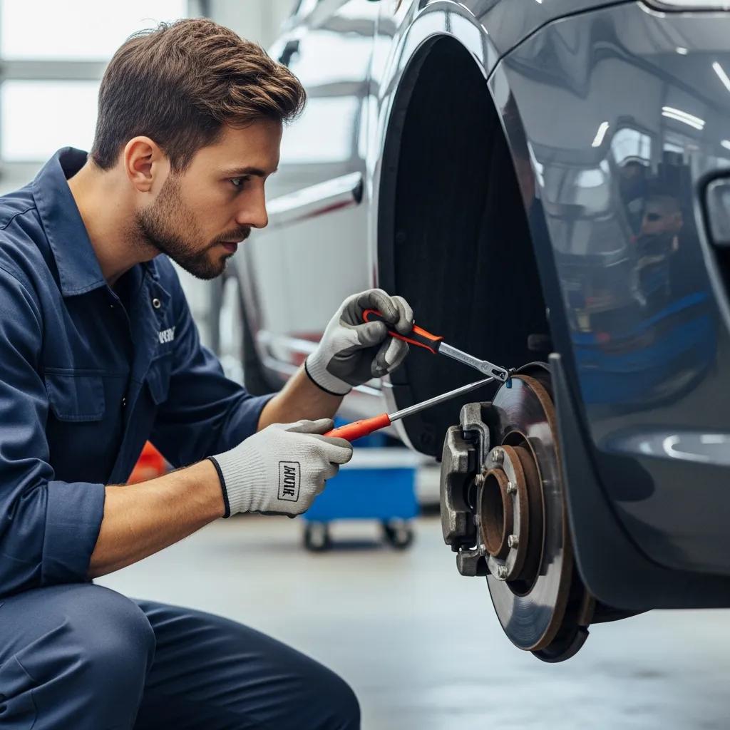 Mechanic inspecting a vehicle's safety features before a road test