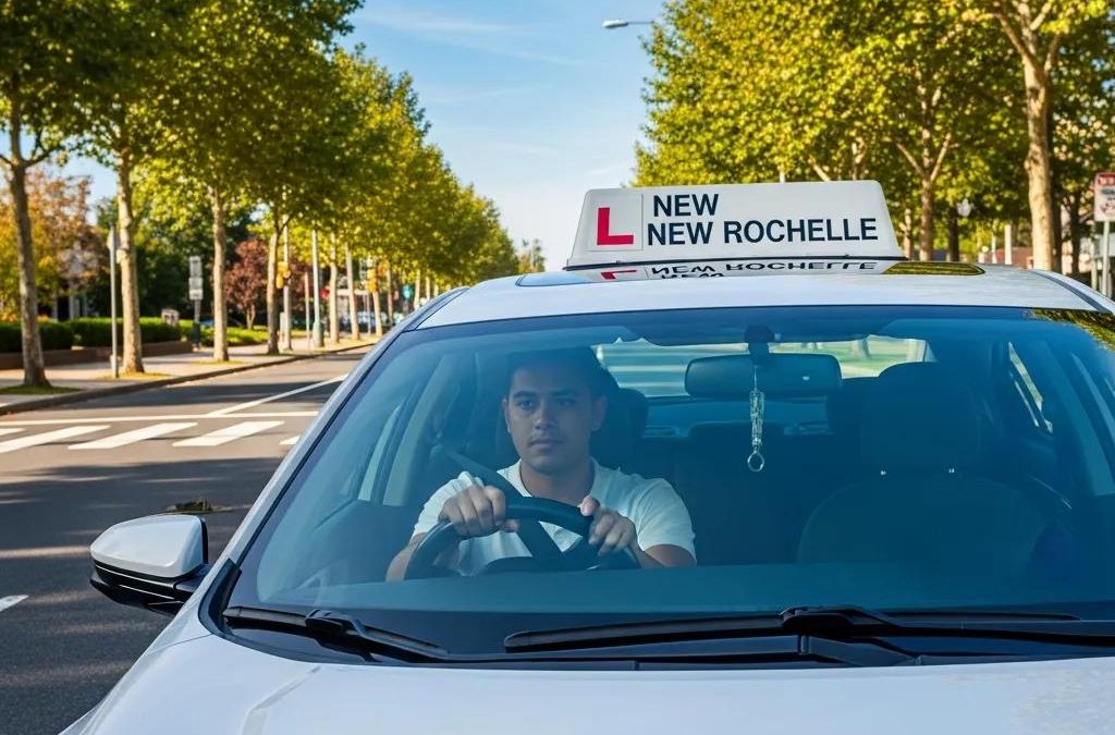 New driver taking a road test in New Rochelle with a compact car on city streets