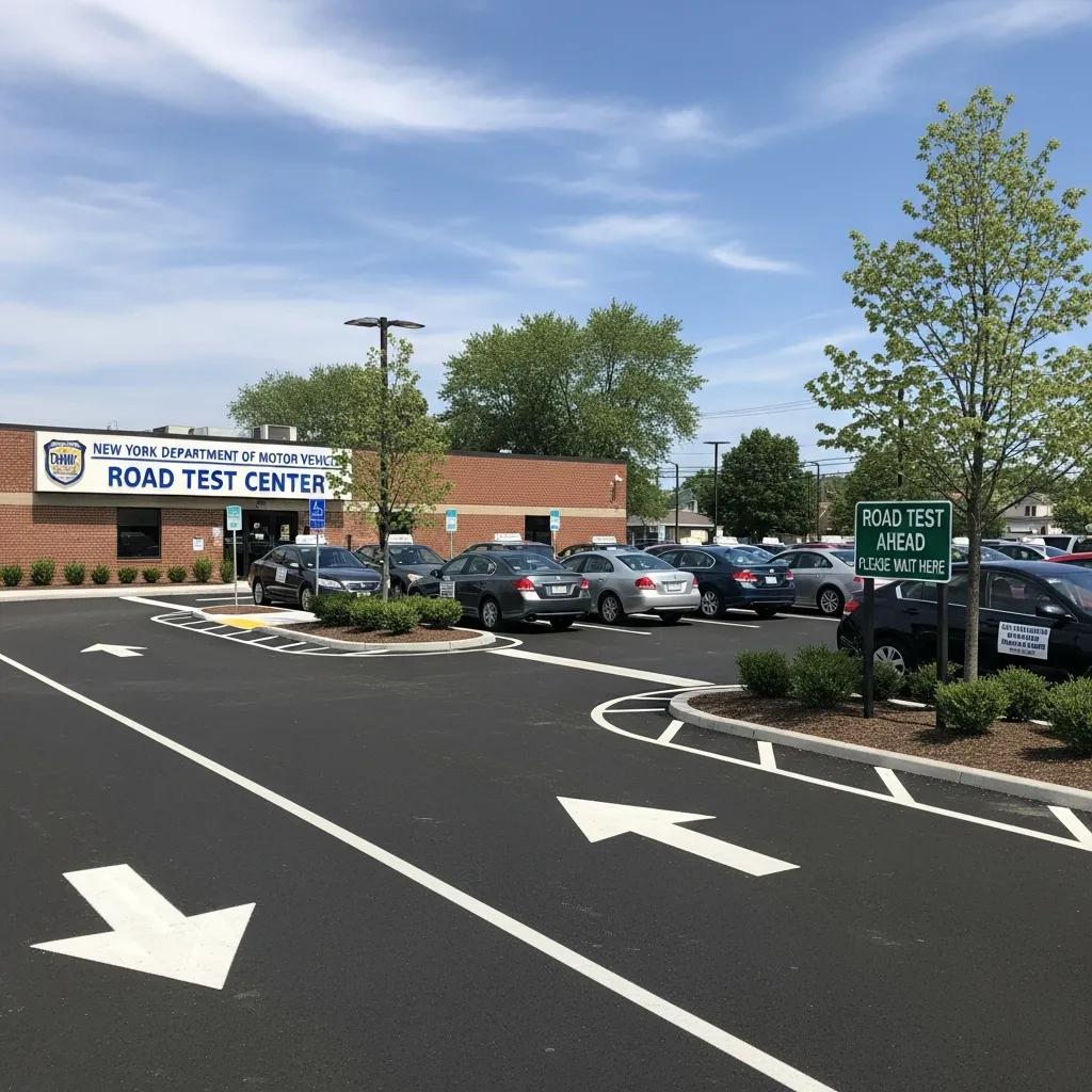 Outdoor view of a New York DMV road test location with vehicles and clear signage
