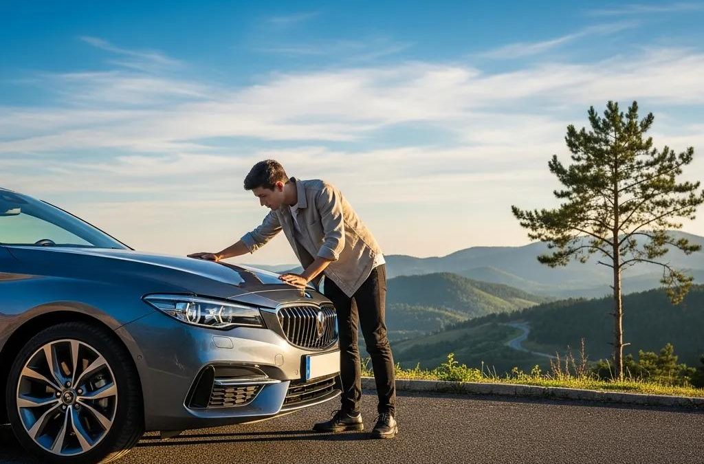 Person inspecting a vehicle during a road test in a scenic outdoor setting