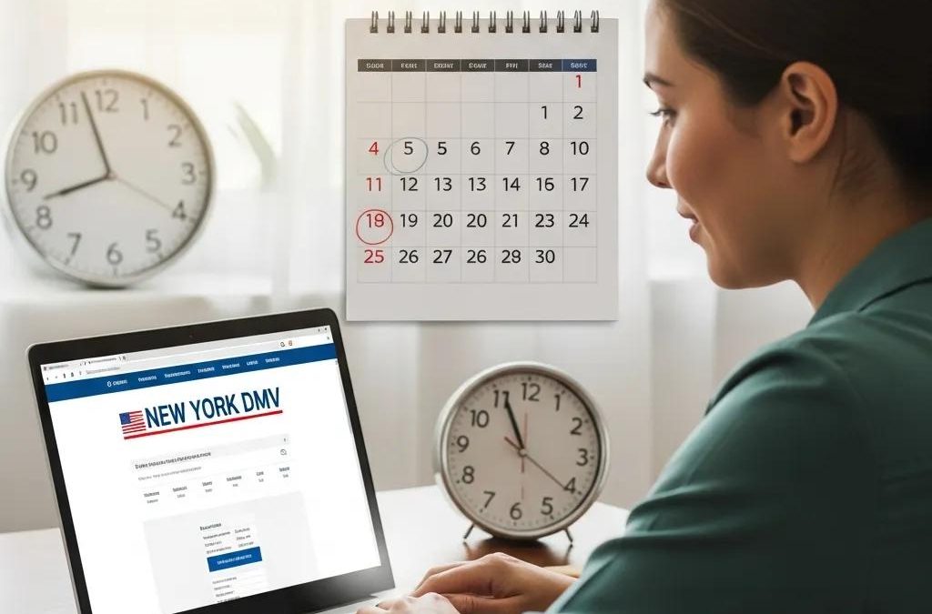 Person using a laptop to reschedule a DMV road test appointment in New York