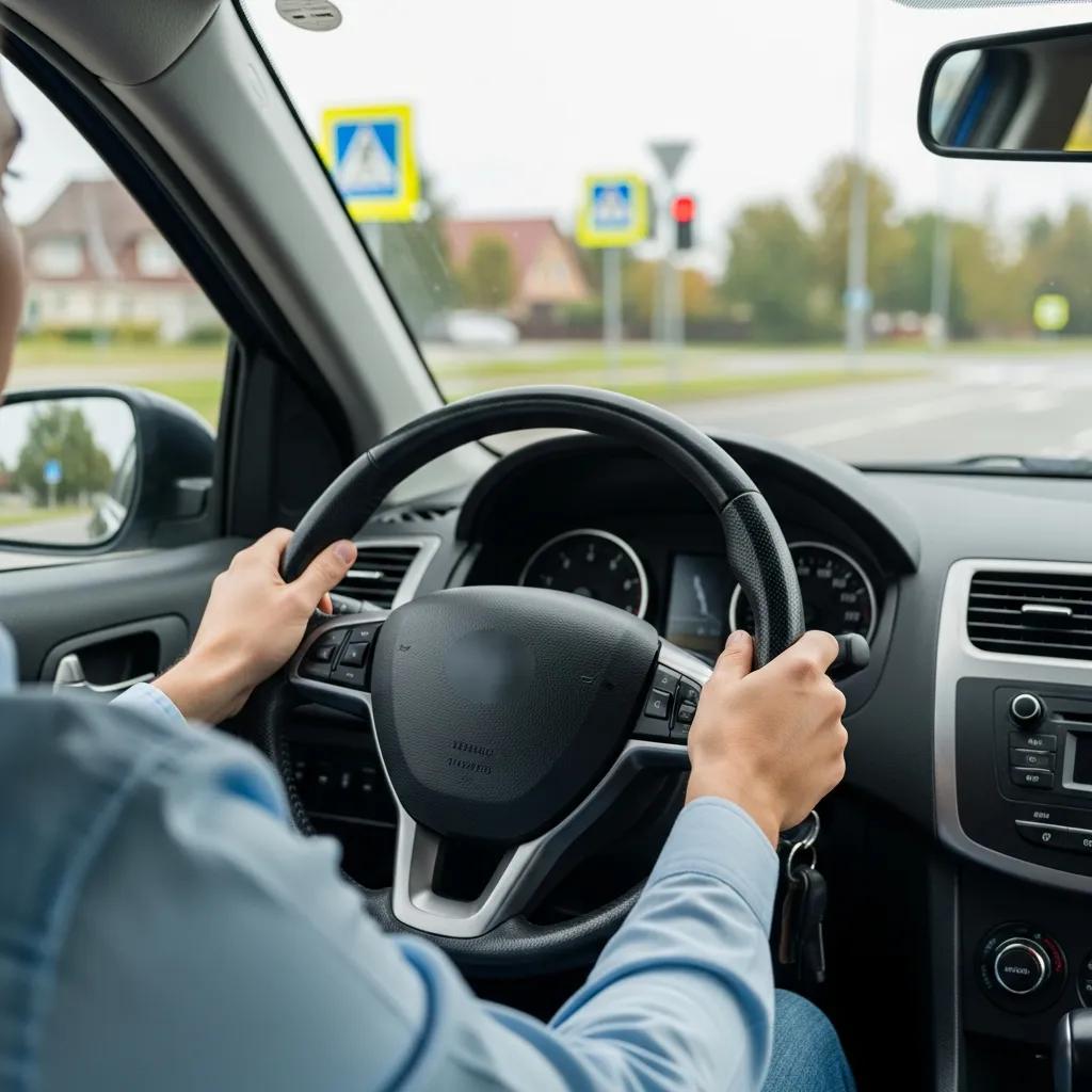 Student practicing key driving techniques in a car, focusing on steering and road awareness