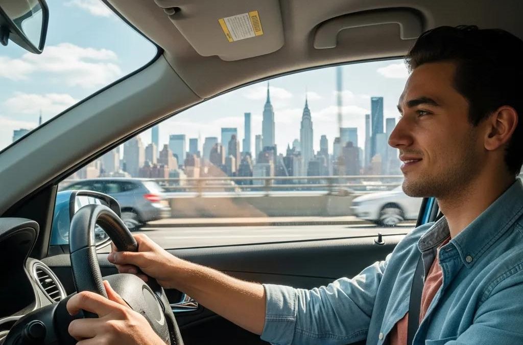 Young adult driving a car in New York, symbolizing the journey to obtaining a driver's license