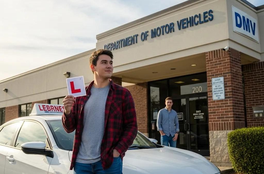 Young adult preparing for DMV road test outside DMV office with learner's permit