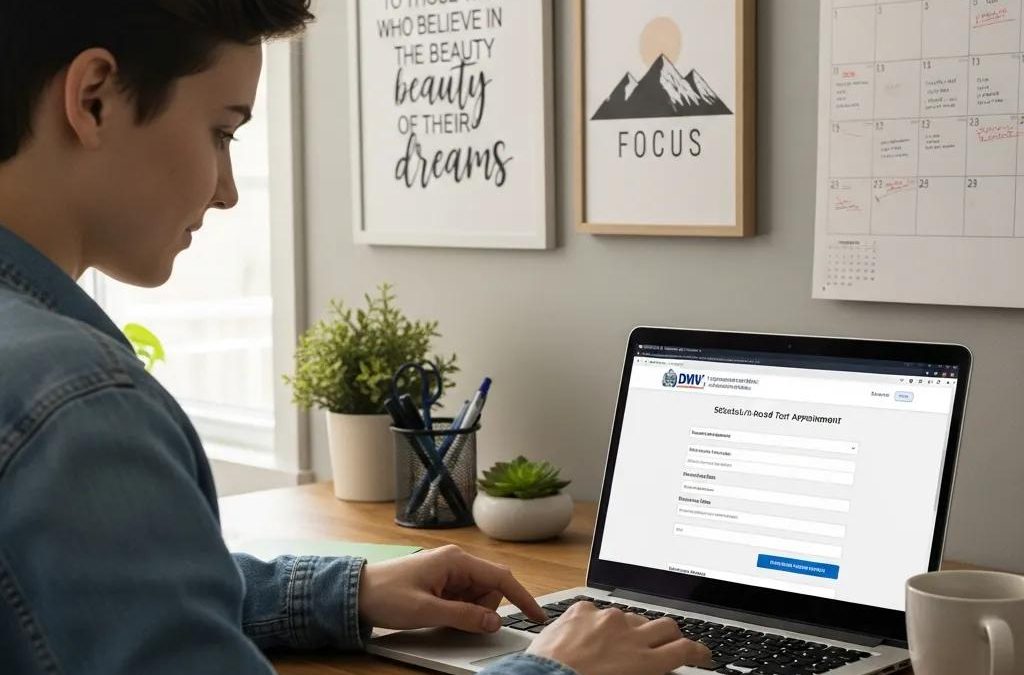 Young adult scheduling a NY DMV road test appointment on a laptop in a cozy home office