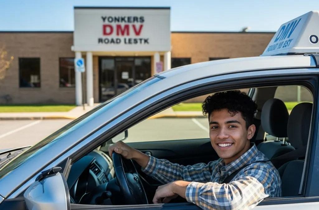 Young driver preparing for a road test in front of a DMV office in Yonkers
