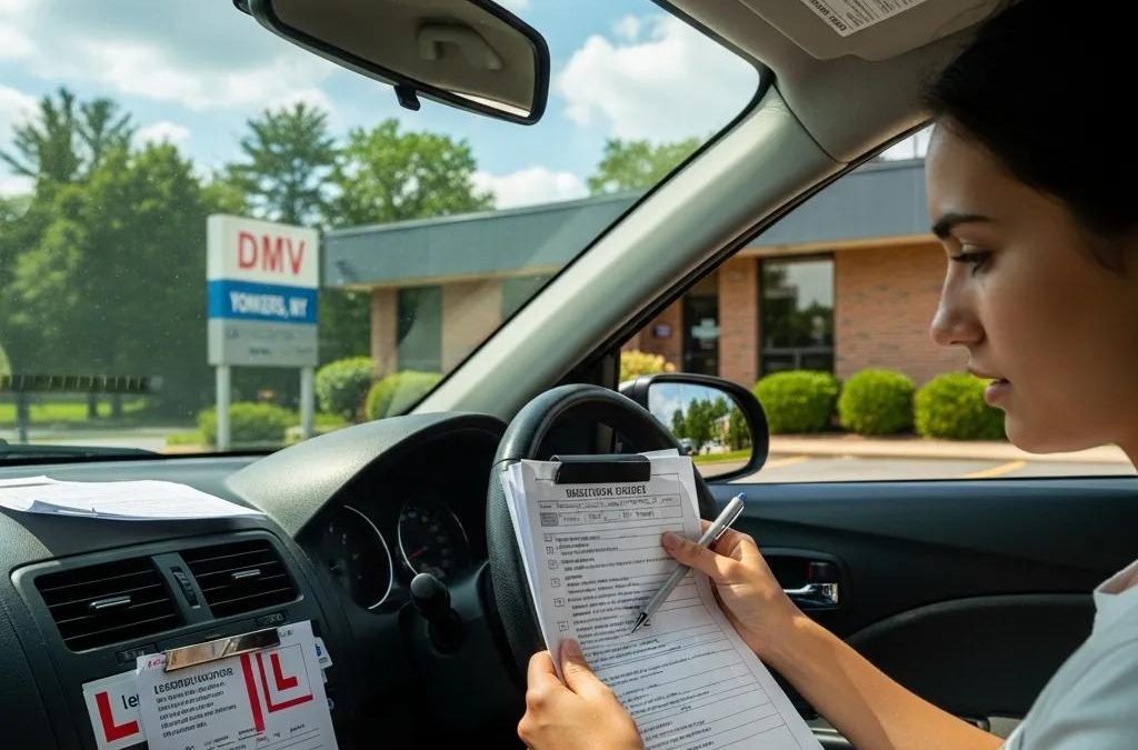 Young driver preparing for road test in Yonkers, New York, with documents and checklist