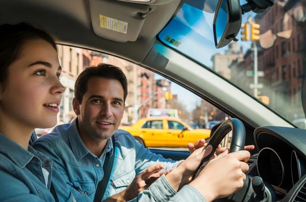 Young driver taking lessons with instructor in New York City