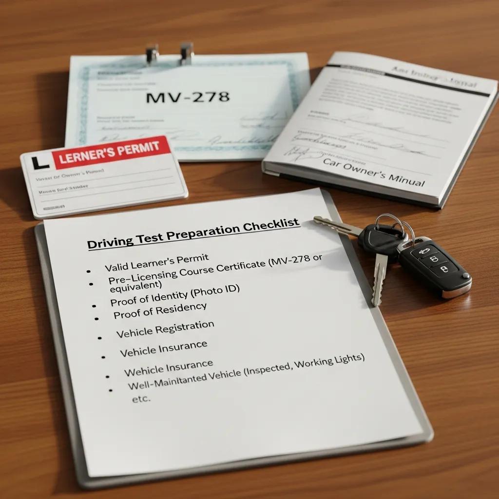 Checklist of driving test requirements including learner's permit and vehicle condition