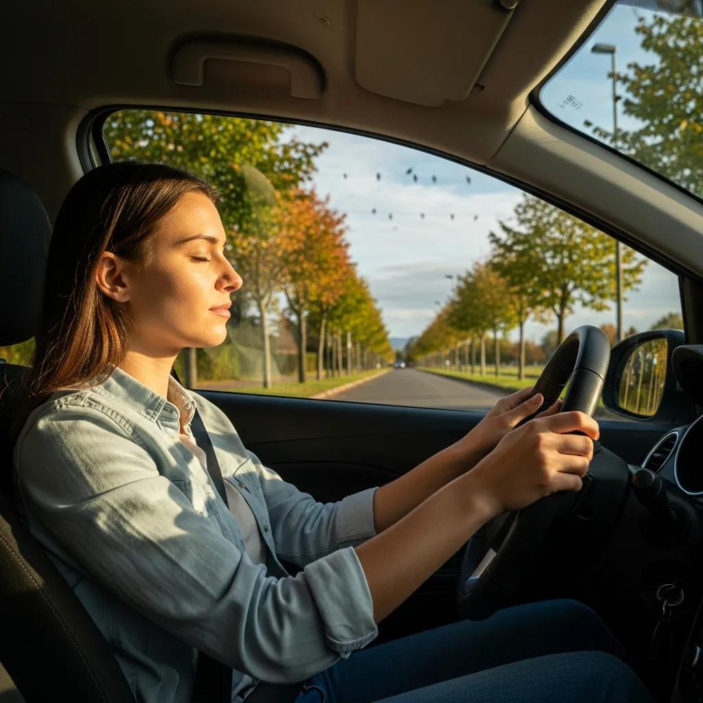 Driver practicing relaxation techniques in the car before the driving test