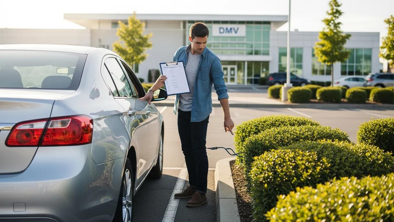 Driver preparing their vehicle for a DMV road test on test day
