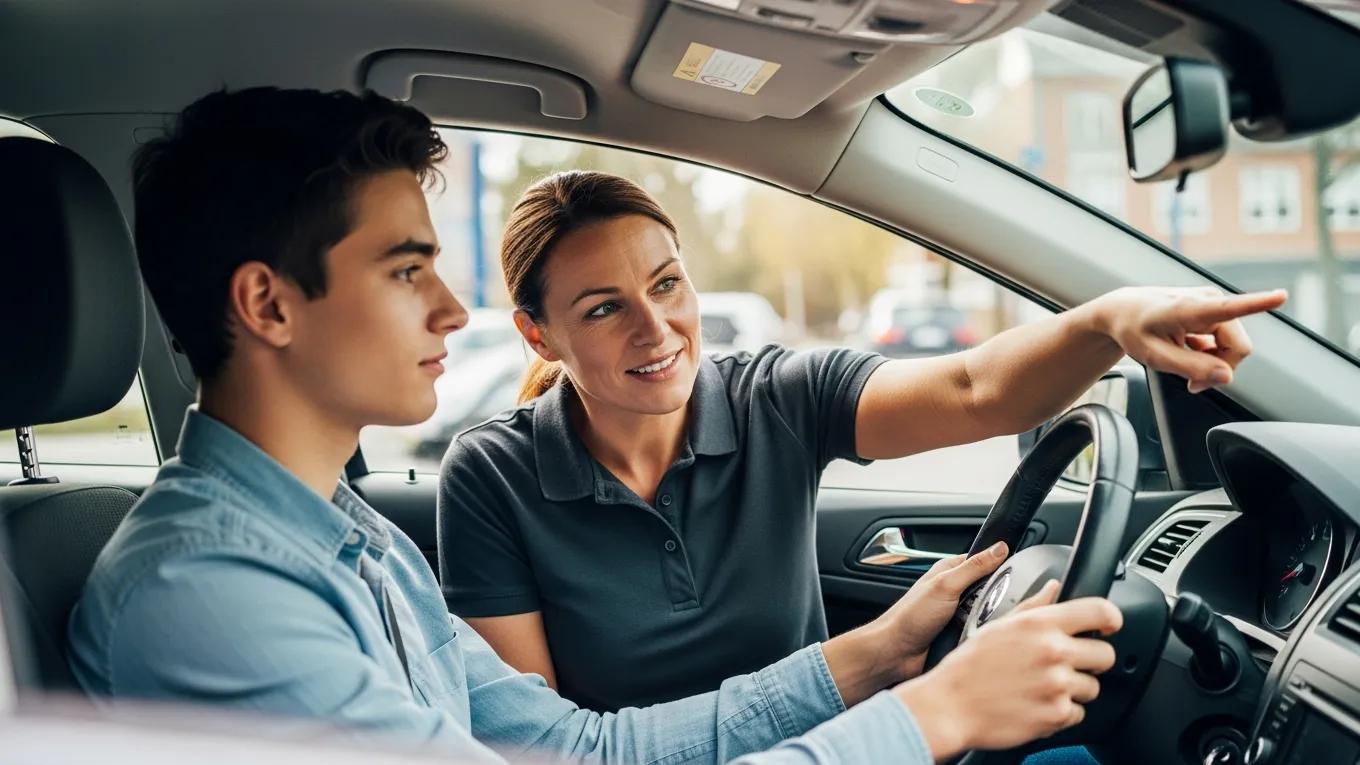 Driving instructor providing tips to student driver for road test success